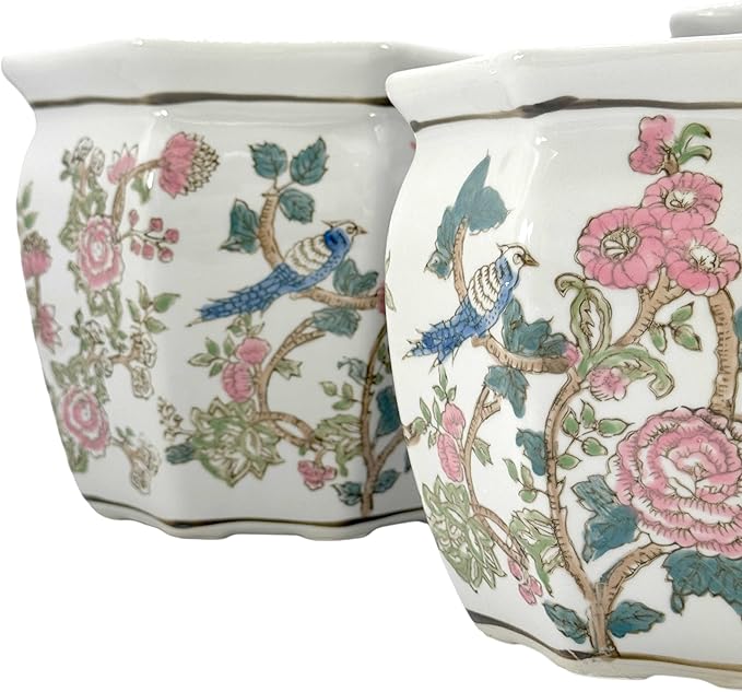 Galt International Multi Color Peony Round Fluted Floral Porcelain Ceramic Plant Flower Planter Pot Set of 3 (7.5", 10", 13") Garden Pots Chinese Asian Design Pink Blue Green