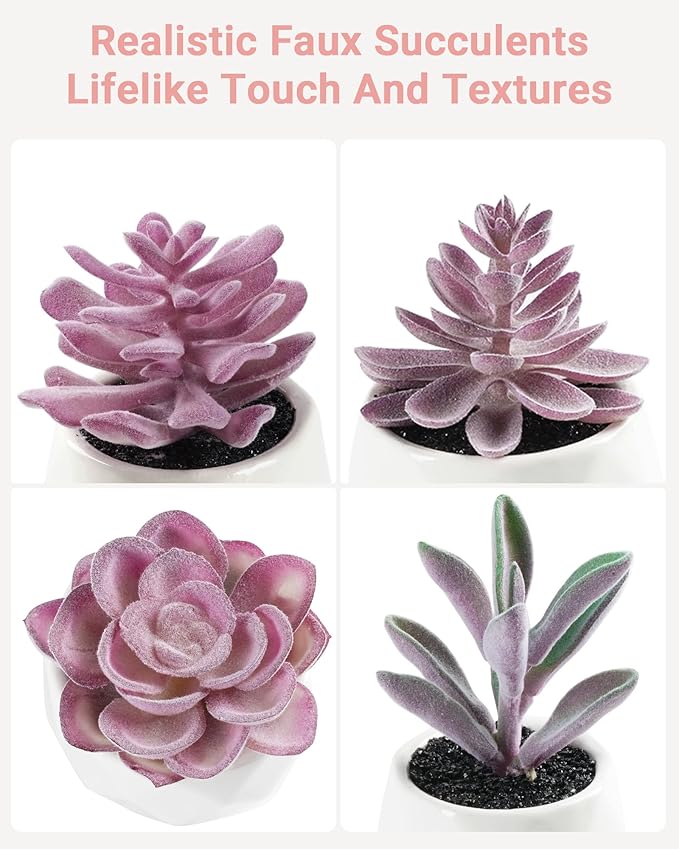VIVERIE Mini Succulents Plants Artificial in Pots, Christmas Small Fake Plants for Home Decor Indoor for Women, White Ceramic Faux Succulents, Set of 4, Gifts for Mom-Purple