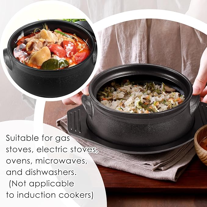 2 Pcs Korean Stone Pot Clay Cooking Pot Set Ceramic Sizzling Hot Bowl Korean Bibimbap Soup Dolsot Bowl with Lids for Ttukbaegi and Koreans Stew (38 oz)