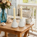 Set of 2 Vintage Ribbed Ceramic Taper Candle Holders, Distressed White Farmhouse Candlestick Stands for Tabletop, Mantel & Shelf Decor