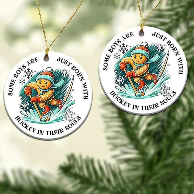 Ice Hockey Christmas Ornament -Round Ceramic 3", Holiday Tree Decoration Keepsake, Hockey Player for Boys