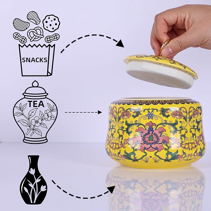 Handmade Chinoiserie Enamel Ginger Jar with Lid,Decorative Storage Jar for Loose Tea,Nuts & Snacks,Ceramic Vase Style Home Decor Canister,Colorful Jar for Kitchen,Living Room (Yellow Jar)