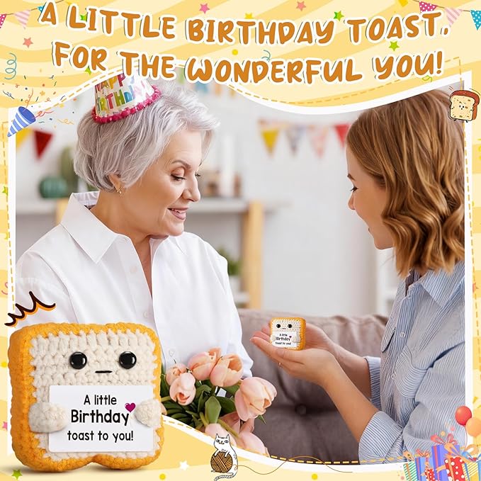 A little Birthday Toast to you - Funny Happy Birthday Gifts for Women, Men, Mom, Dad, Friend, Best Gifts for Her Ideas - Unique Crochet Toast Gift Card - Cute Easter Basket Stuffers for Daughter, Son