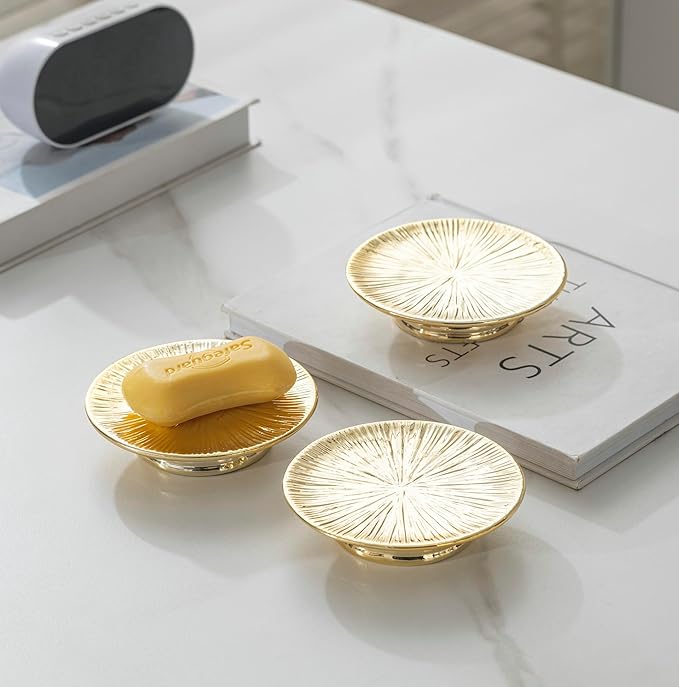 Ceramic Gold Candle Plate Set, 3-Piece – Decorative Candle Holder Tray for Pillar Candles, Jewelry, Trinkets or Bathroom Counter – Elegant Gold Finish for Tabletop & Home Décor