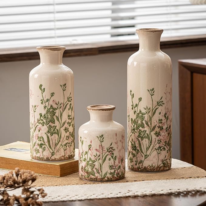 Vintage Floral Pitcher Vase with Handle, Ceramic Farmhouse Flower Vase French Country Decor, Rustic Table Centerpiece, Grand Millennial Tuscan Home Decor for Living Room, Bookshelf (Pink-008)