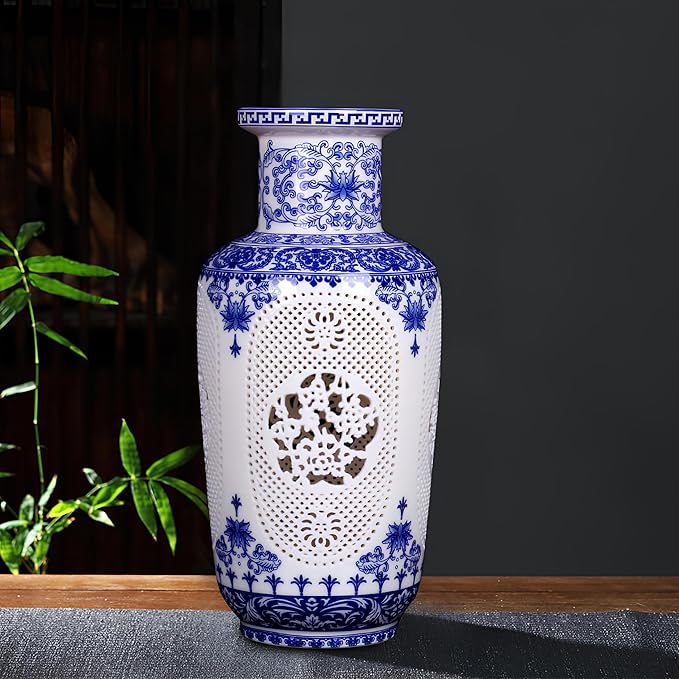 Blue White Flower Vase - 11.42 Inch Hollow Out Ceramic Vase, Vintage Chinese Style Home Decor, Handcrafted Blue White Porcelain Centerpiece for Living Room Table Shelf (Blue and White)