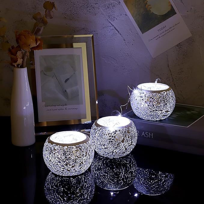 OwnMy 3PCS Mosaic Glass Tea Light Holders Round Bowl Votive Candle Holders Pillar Candle Stands, Silver Glass Mosaic Tealight Holders Potted Plant Bowl Vase Candle Centerpiece for Dining Table Wedding