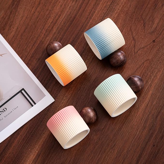 Ceramic Mini Espresso Cups Demitasse Cups with Round Wooden Handle Vertical Stripes Tea Cups (Beige&Pink, 4pcs)