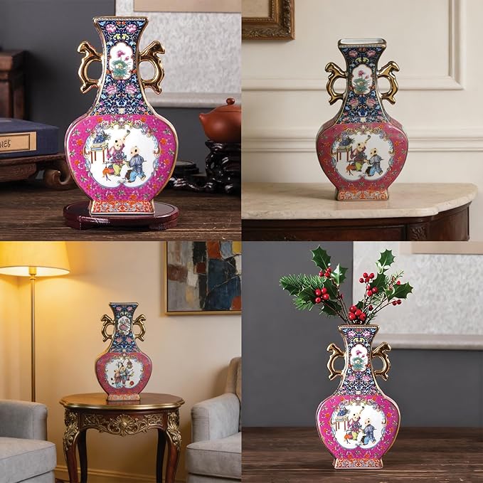 Antique Ceramic Vase - 9.8 Inch Enamel Porcelain Vase with Gold Trim, Chinese Purple Red Double-Handled Flat Ornament for Home Decor, Housewarming Gift, Collector's Art Piece