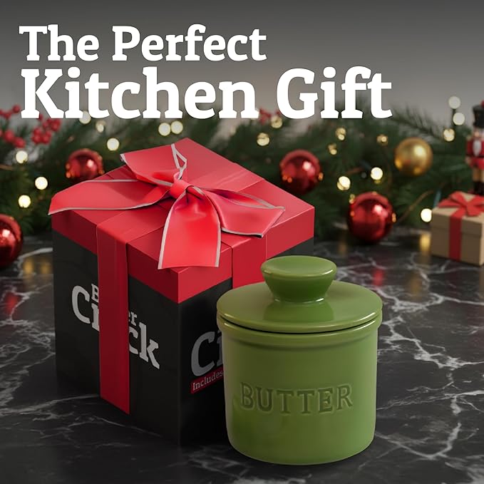 PriorityChef Butter Crock with Lid with Water Line, Ceramic French Butter Dish to Leave On Counter, Green