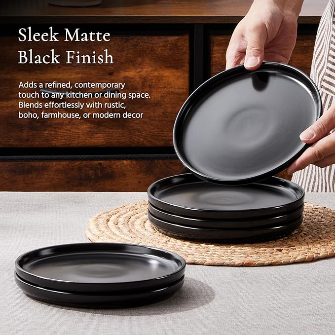 E-far 8” Ceramic Salad Plates Set of 6, Stoneware Dishes Dessert Plate for Home Kitchen Restaurant, Microwave & Dishwasher Safe – Matte Black