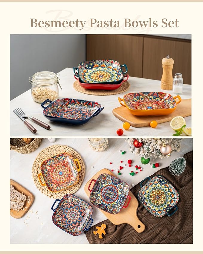 Besmeety Square Pasta Bowls with Handle, Boho Salad Serving Bowls Set of 2, Ceramic 7.09" Pasta Plates for Housewarming Present, Party (Orange+Blue)