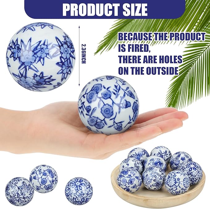 Vesici 9 Pcs Blue and White Porcelain Balls Decorative Chinoiserie Orbs for Centerpiece Bowls China Ceramic Balls Farmhouse Basket Tray Vases Decoration Gifts for Dining Table Holiday(Leaf Style)