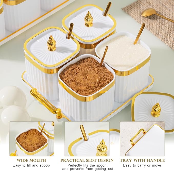 4 Pack Gold Condiment Spice Jars with Lids, Spoons, Tray - Plastic Seasoning Box Set for Salt, Pepper, Sugar - Kitchen Storage