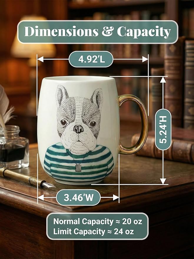 Large 24oz Ceramic Coffee Mug with Gold-Trim Handle, Oversized Porcelain Mug for Coffee, Tea & Hot Chocolate, Hand-Painted Artisan Style, Lead-Free, Gift-Ready Box, Hand Wash Only, Not Microwave Safe