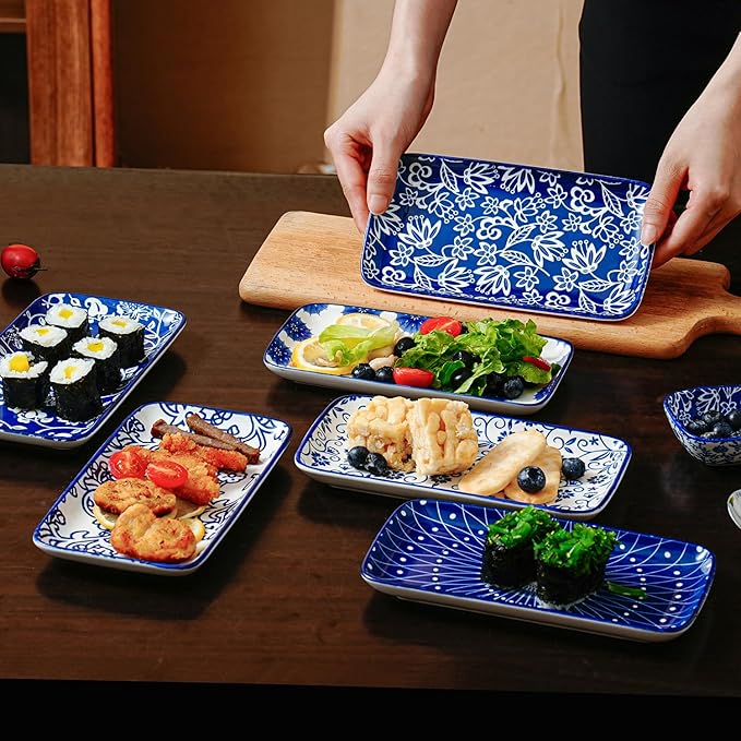 Rectangle Serving Platter Set - 8 Inch Ceramic Rectangular Dinner Plates Serving Trays for Sushi Salad Dessert Appetizer Pasta - Oven Microwave Dishwasher Safe - Set of 6 - Blue and White