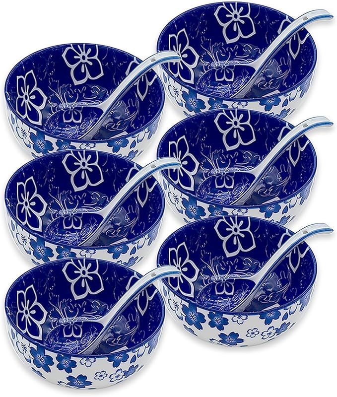 Japanese Ceramic Bowls Set of 6, 28 Oz Large Asian Porcelain Ramen Soup Salad Cereal Noodle Bowl with 6 Spoons, Deep Bowl for Kitchen Decor and Housewarming Gift, Dishwasher & Microwave Safe