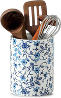Kitchen Utensil Holder for Tools, Spatula Holder Extra Large Utensil Crocks for Countertop, Blue and White utensil holder Ceramic Apartment Essentials (7.2in×6.2in