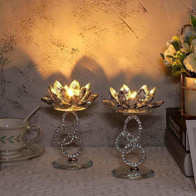 OwnMy Set of 2 Crystal Lotus Flower Candlestick Holders Metal Glass Lotus Pillar Candle Holders, Silver Crystal Lotus Votive Candlesticks Tealight Candle Stands for Wedding Table Centerpiece, 6.1" H