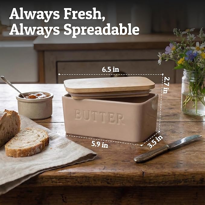 PriorityChef Extra Large Butter Dish with Lid for Countertop, Ceramic Butter Container With Airtight Cover, Butter Keeper for Counter or Fridge, Butter Holder Storage, Latte