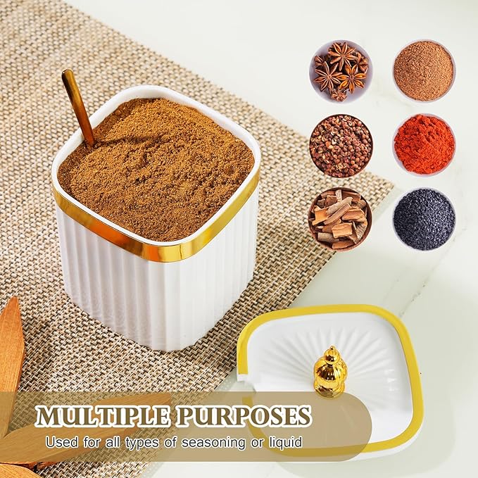 3 Pack Gold Condiment Spice Jars with Lids, Spoons, Tray - Plastic Seasoning Box Set for Salt, Pepper, Sugar - Kitchen Storage
