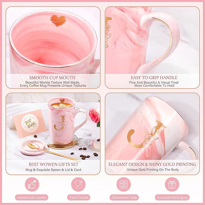 Coffee Mugs - Personalized Gifts for Women, Initial Customized Gift Ceramic Marble Cups 14 Oz Pink, Luxury Birthday Christmas Mother's Day Gift for Her Mom Grandma Girlfriend Friend Unique,J