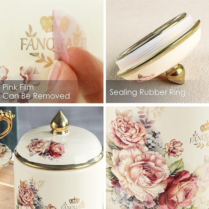 fanquare Porcelain Tea Canister, Normal Size Ceramic Jar, Vintage Gold Floral Countertop Container for Sugar, Tea, Coffee