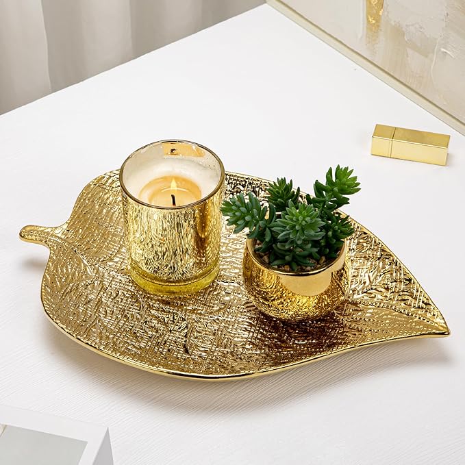 Oversized Leaf-Shaped Ceramic Jewelry Tray, 12.6" Large Decorative Tray Gold Vanity Trays for Rings, Necklaces, Keys, Gifts for Mom, Coffee Table Decor, Entryway Table Trays, 1 Pack