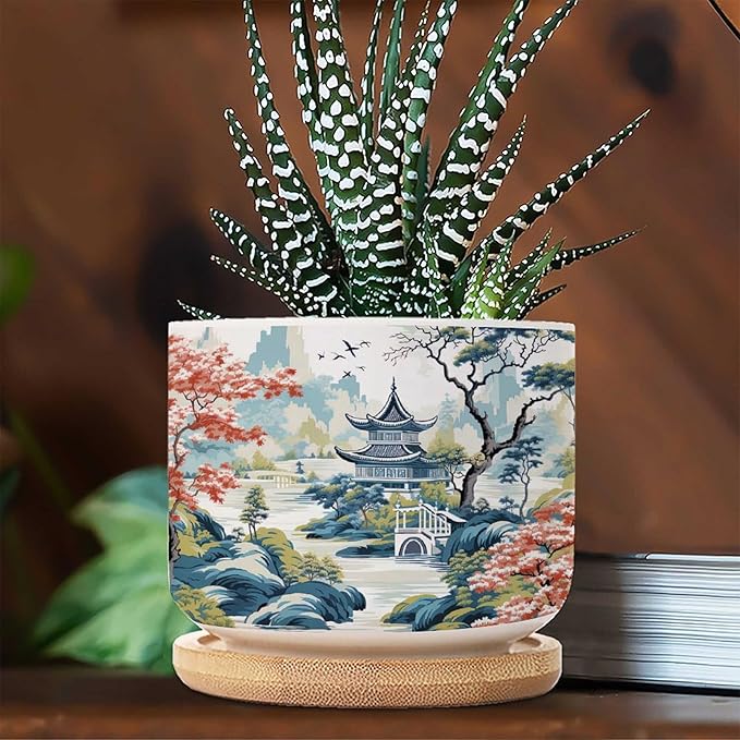 1 Piece Ceramics Planters for Indoor Blue Asia Tiered Tower Coral Pink Flower Small Ceramics Planter Chinoiserie Garden Scenery Succulent Planters Chinoiserie Chic Asian Plant Pot