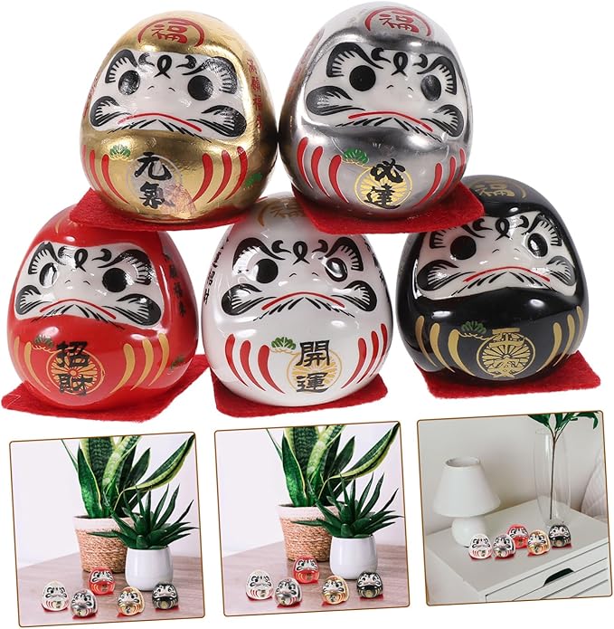 Ciieeo Japanese Ceramic Darma Figurine Miniature Lucky Doll Decor for Car Home Office Asian Collectible Ornament Feng Shui Wealth and Fortune Sculpture