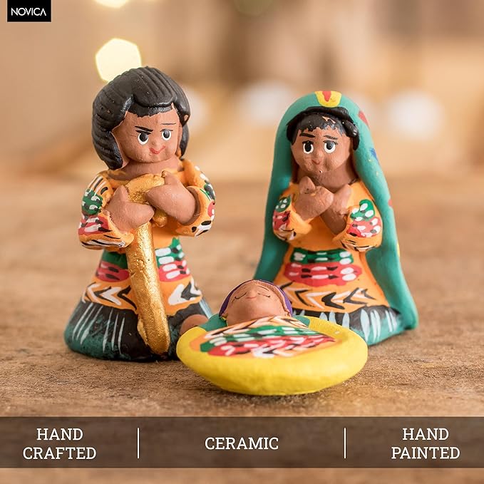 NOVICA Handmade Ceramic Nativity Scene | Multicolor Ornaments Scenes Painted | Small Figurines | Christian Religious | Artisan Crafted Home Deco | Guatemala 2" H x 1" W x 1.2" D (3 Pieces)