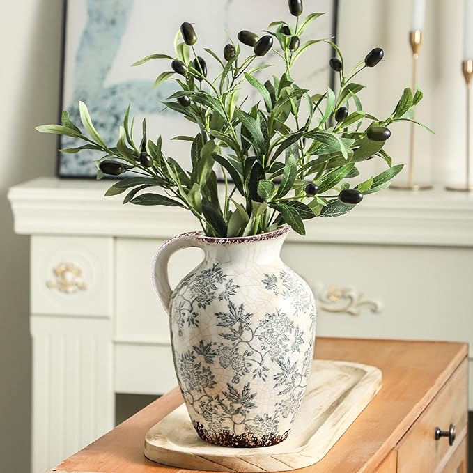 Enra Vintage vase with Handle,Blue and White Ceramic Decorative Flower vase, Vintage Pitcher,Large Rustic Vases for Home Decors, Living Room, Bookshelf, Office，9.7 inch