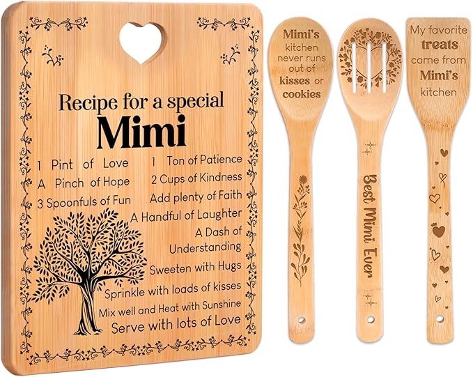 Mimi Gifts - "Recipe for a Special Mimi" Gift for Mimi Cutting Board Set, Bamboo-Made Engraved Utensil Set Best Mimi Ever Presents Cutting Board, Mimi Present for Grandma.