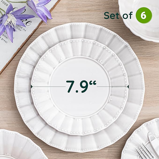 HOMBENE Dessert Plates 8 Inches Set for 6 Ceramic Serving Plates,plates for Cake Waffles,Wavy Style, Snacks, Pasta, Noodle, Dinner, Microwave & Dishwasher Safe (White)