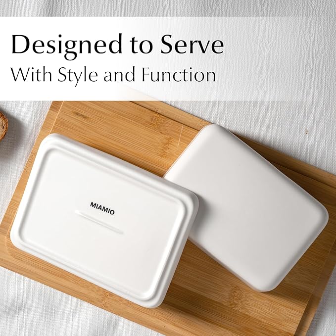 MIAMIO - Ceramic Butter Dish with Lid for Countertop, Holds 2 Sticks of Butter/Butter Holder and Container with Ceramic Lid, Butter Dish for Refrigerator (White)