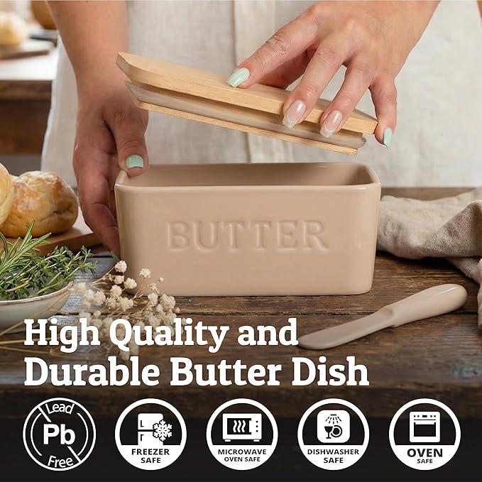 PriorityChef Extra Large Butter Dish with Lid for Countertop, Ceramic Butter Container With Airtight Cover, Butter Keeper for Counter or Fridge, Butter Holder Storage, Latte