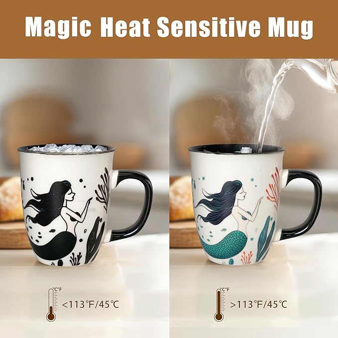 Color Changing Mermaid Coffee Mug 16oz - Ceramic Coffee Mug, Funny Ceramic Tea Cups for Home or Office, Mermaid Gifts for Mothers Day Christmas