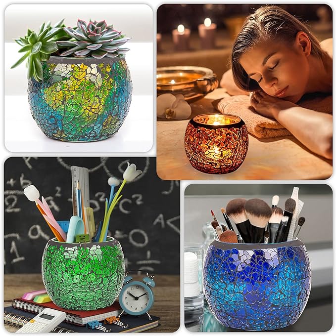 Rancco Glass Votive Candle Holder for Tealight, 6 Set Romantic Stained Mosaic Tealight Candle Holders, Handmade Cracked Aromatherapy Candle Lamp for Valentine, Party, Christmas Table Centerpiece Decor