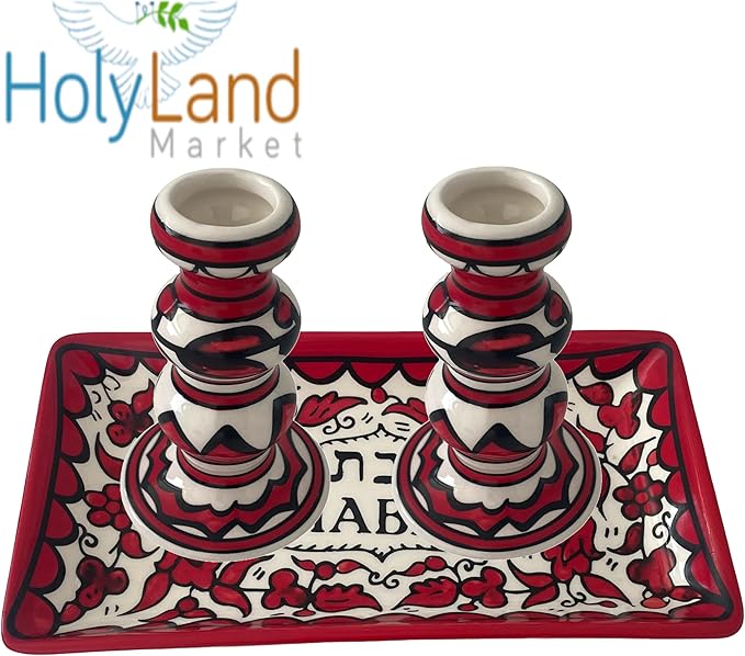 Holy Land Market Shabbat Candlesticks Set - Colorful Ceramic Shabbat Candle Holders Set with Matching Plate for Holidays, Red