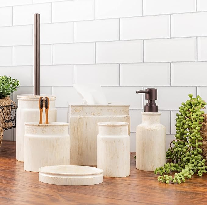 Creative Scents Rustic Luxe Bathroom Accessory Set - 6 Piece Modern Bathroom Sets Accessories Features: Toilet Brush and Holder, Tissue Cover, Soap Dispenser, Toothbrush Holder, Soap Dish & Tumbler