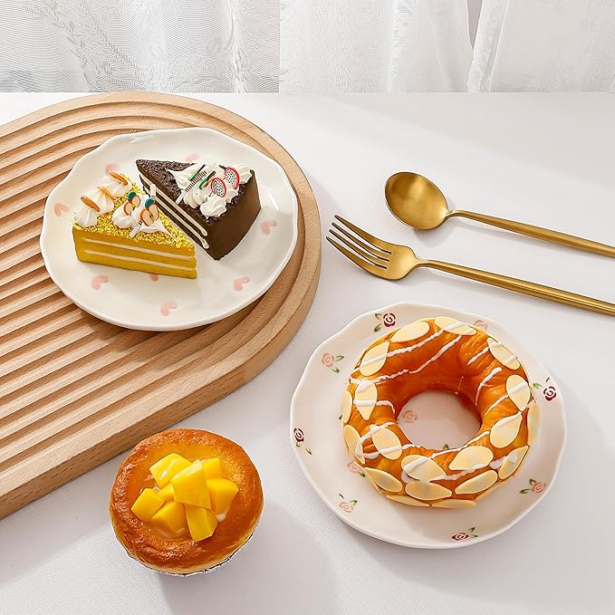 Koythin Ceramic Dessert Plates, Cute Fruits Dinner Plate, Printed Flowers Dinnerware for Office and Home, Kitchen Plates for Desserts (Red Rose Fragmented Flowers)