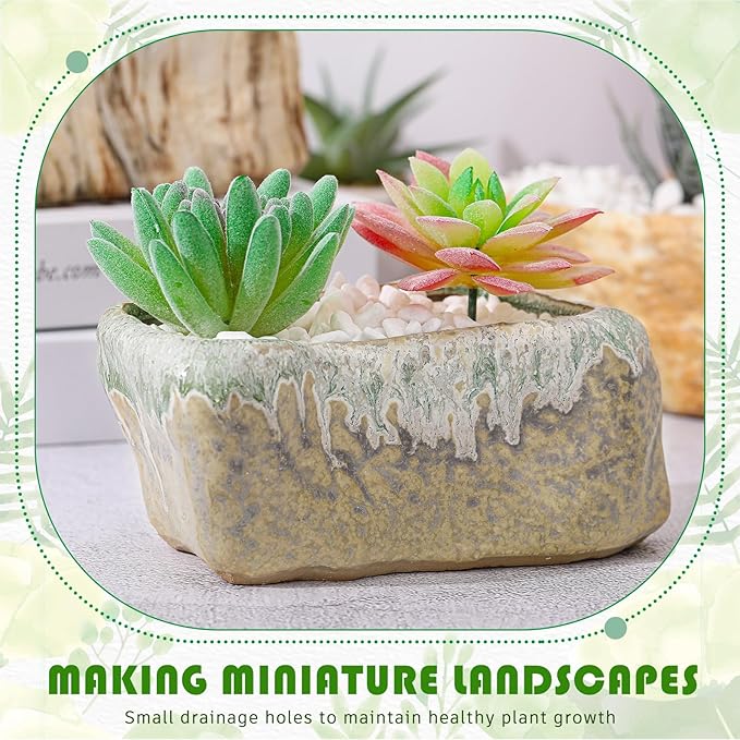 6 Pcs 5.3 Inch Ceramic Succulent Pots Stone Shape Bulk Rectangle Window Box Cactus Plant with Drainage Hole Succulent Planters Small Cactus Pots for Indoor Garden Office Table Decor Gift