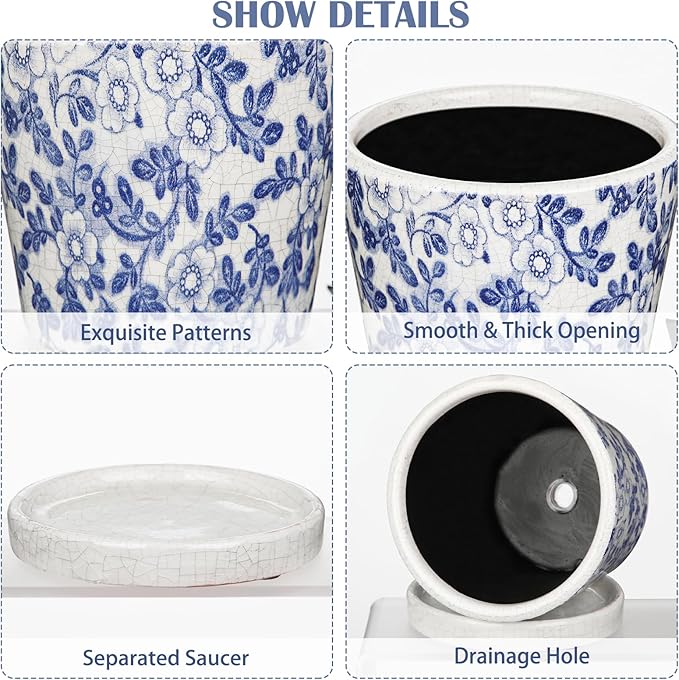 Ceramic Pot for Plants 5.5 inch Blue and White Pot for Plants Small Chinoiserie Planter Pots with Drainage Hole and Saucers Outdoor Inoor Blue Flower Pots for Succulent, Cactus, Snake Plant, Herb
