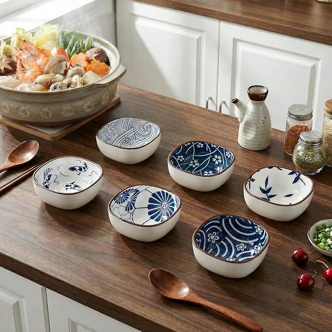 clothmile 6 Pcs Blue and White Sauce Dishes 3.6"×3.6"×1.6" Traditional Chinese Ceramic Side Bowl for Sushi Sauce Snack Pinch Home Kitchen Decor Housewarming Gift
