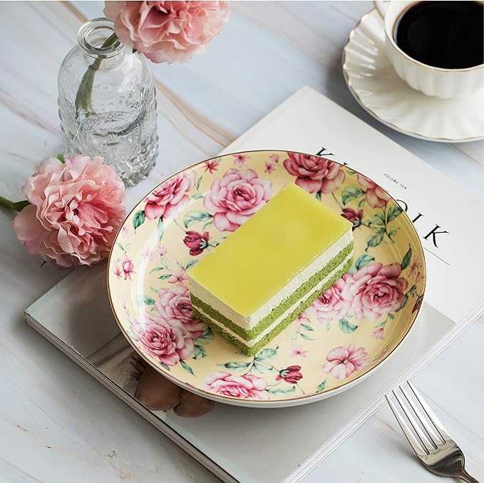 BTaT- Porcelain Floral Dessert Plates, 8 inch, Set of 6, Deep Plates, Porcelain Bone China, Appetizer Plates, Small Dishes