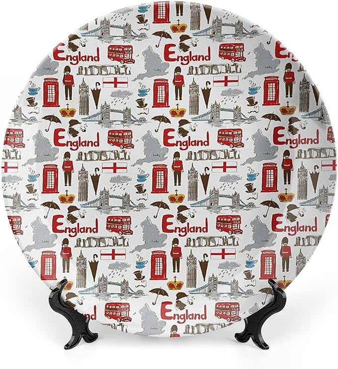XISUNYA 10 Inch Decorative Plate, London Ceramic Plate, Fun Colorful Sketch Royal Guard Map Print Ceramic Wall Hanging Decor Accessory for Dining Table Tabletop Home Decor, Multicolor