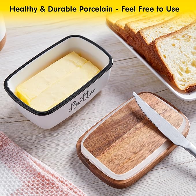 Butter Dish with Lid, ALELION Large Ceramic Butter Dish for Countertop, Butter Keeper with Thick Acacia Wood Lid, Kitchen Decor and Accessories for Kitchen Gifts, White