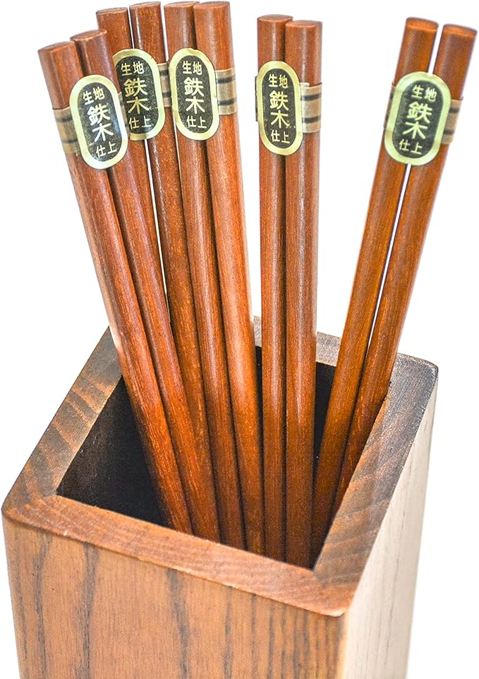 Wooden Chopsticks Reusable 5 Pairs Iron Wood Gift Set Hand Carved Japanese style 8.8 Inch/22.5cm