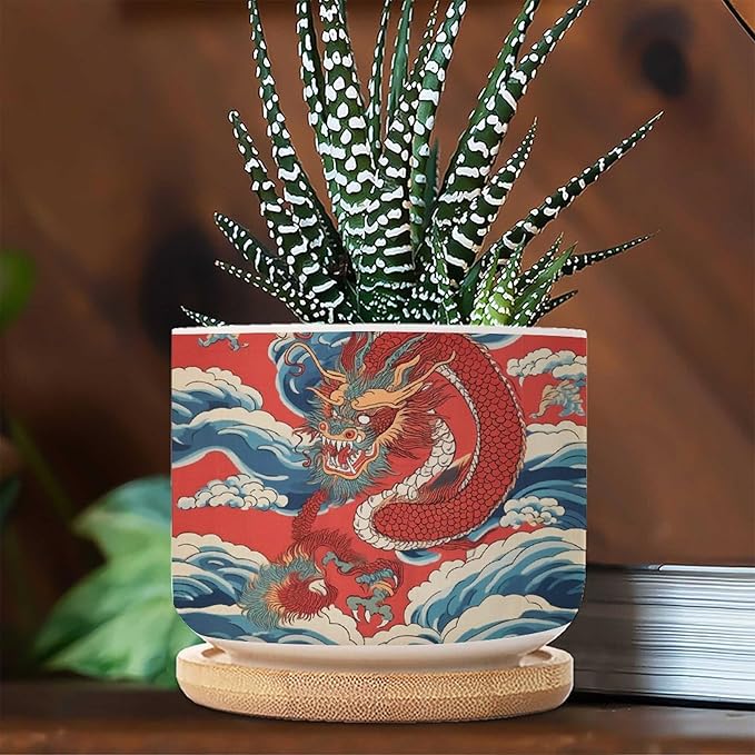 Red and Auqa Dragon Small Ceramics Pots for Plants Set of 3 Chinoiserie Dragon Ceramics Planter with Drainage Holes Chinoiserie Succulents Plant Pot Birthday Gift for Mom Women