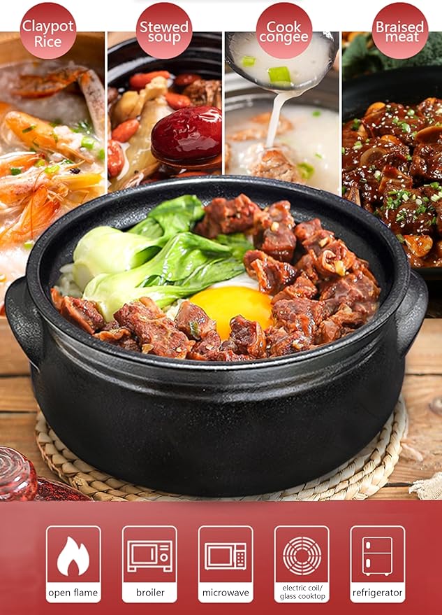 Korean Premium Stoneware Black Casserole Clay Pot with Lid,For Cooking Hot Pot Dolsot Bibimbap and Soup .(1100ml)